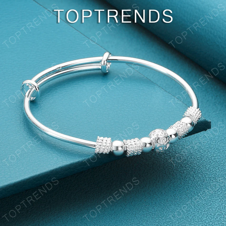 High-Quality 925 Sterling Silver Beaded Push-Pull Bangle For Women Engagement Wedding Birthday Party Fashion Jewelry Accessories