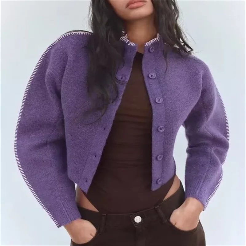 

European and American style new style stand-up collar stitching thickened single-breasted knitted cardigan women's fashionable a