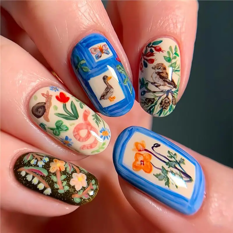 

24PCS Retro Flowers Press on Nails Cute Animal Gentle Oil Painting Series Removable Fake Nails Artistic Literature and Art Style