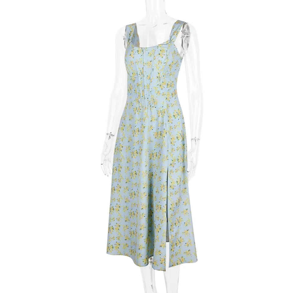 

Elegant Summer Corset Dress 2025 New Arrivals Blue Slit Flower Print Flare Dress Midi Casual Lace Up Holiday Dress
