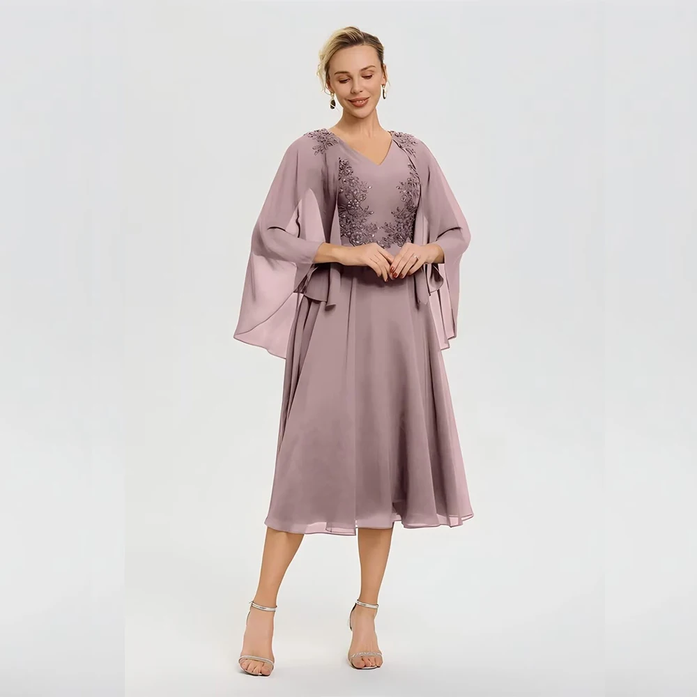 

Victoria Chiffon Elegant Mother of The Bride Dress for Women 2025 V Neck Lace Appliques Tea Length Wedding Party Guest Dresses