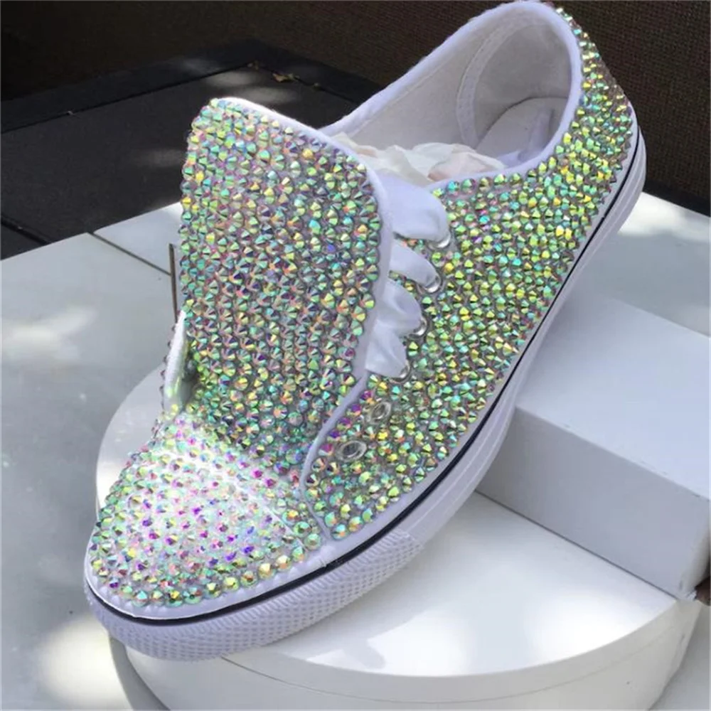 White low top color rhinestone ribbon custom style canvas shoes integrated sports casual shoes women\'s shoes 35-46