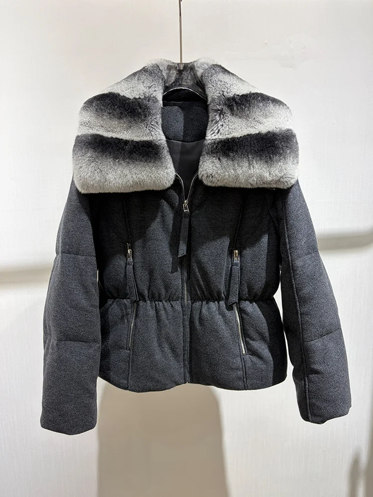 Women Winter Warm Goose Down Jacket Real Rex Rabbit Fur Collar Cashmere Wool Jackets Thick Female Outwear Coat Puffer Jackets