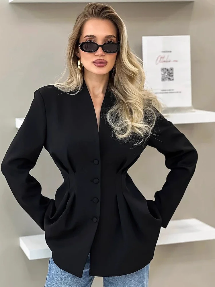 

Woman Clothing 2025 V-neck Single Breasted Solid Black Suit Office Lady Elegant Tunics Ruched Long Sleeve Slim Blazer Outerwears