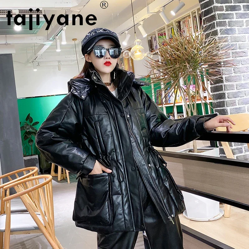 Tajiyane 2020 Winter Real Sheepskin Jacket Women White Duck Down Coat Woman Hooded Parkas Contrast Color Mujeres Abrigos TN1190