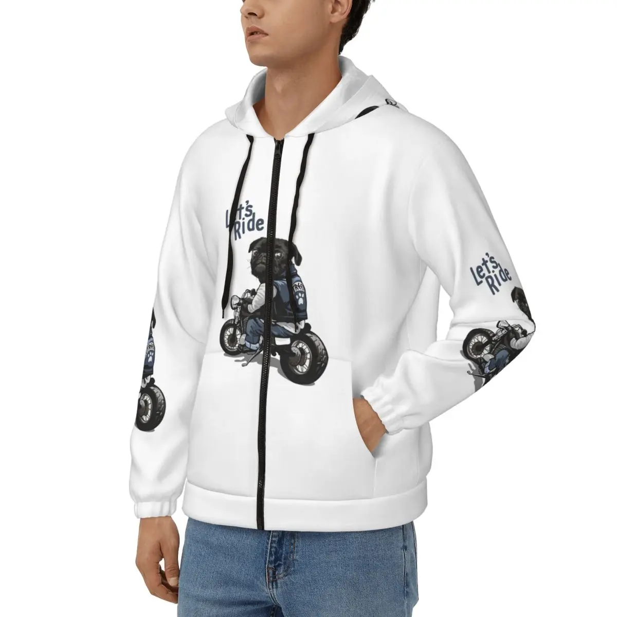 Let's Ride Motorcycle Big Bike Black Pug Dog Zipper Hoodie Hip Hop Pullover Autumn Winter Men Women Sweatshirts Long Sleeve Tops