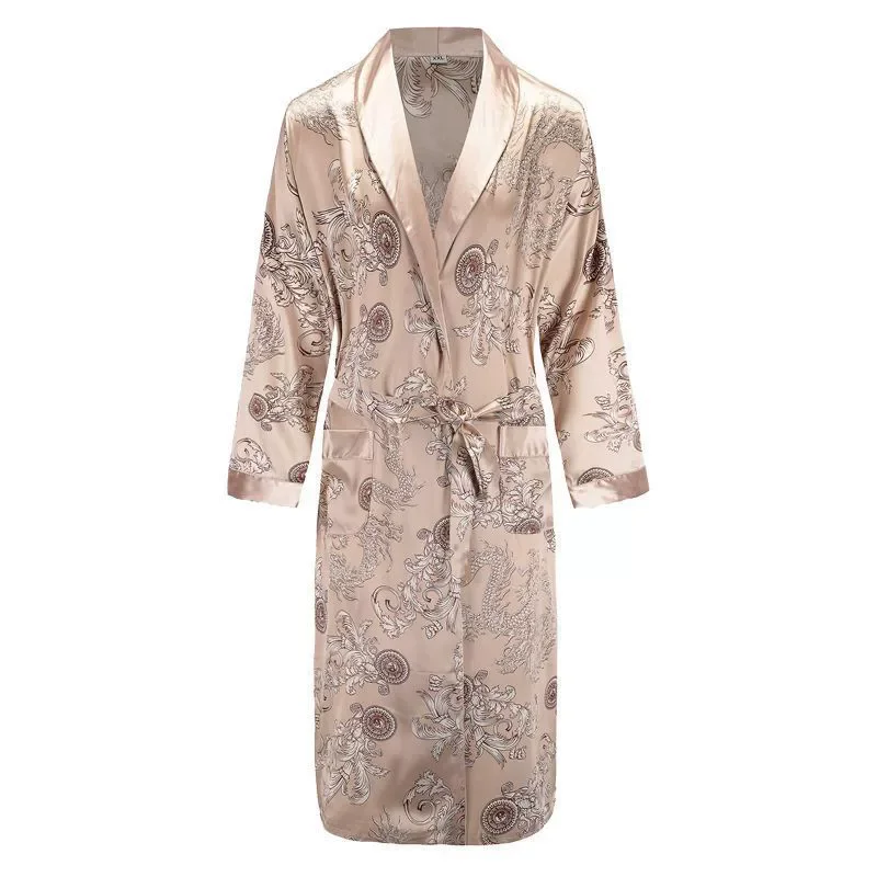 Men Mens Robe Long Sleeves Bathrobe Silky Satin  Kimono Dragon Print Pajamas Bathrobe Night Dressing Gown