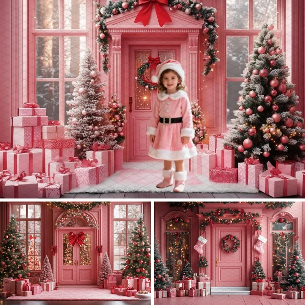 

Pink Christmas House Photography Background Xmas Tree Gifts Snow Winter Kids Portrait Backdrop Shooting Room Decor Photo Studio