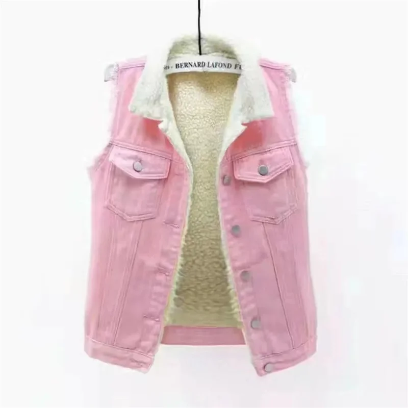 Women\'s Sleeveless Denim Jacket Fleece Lined Vest Sherpa Waistcoat Ladies Winter Autumn Button Up Sleeveless Coat Shacket