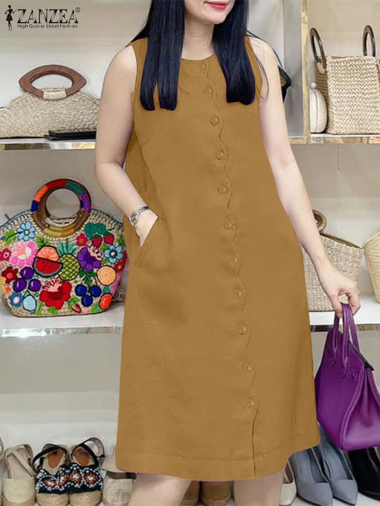 ZANZEA Woman Commute Tank Dresses Fashion Chic Scalloped Trim Casual O-Neck Robes Femme Button Up Short Sleeve Knee-length Dress