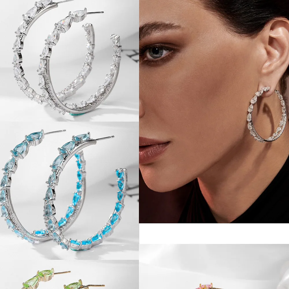 

Missvikki Famous Brand Luxury Charm Wedding Earrings Green Blue Pink Hoop Earring for Women Gift Full Micro CZ Cubic Zircon