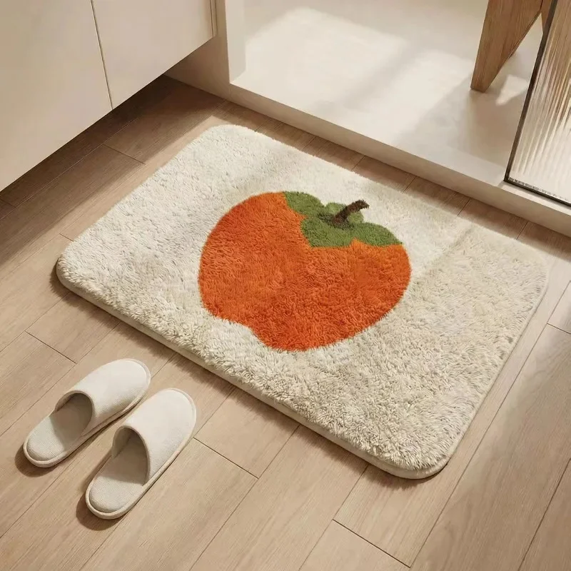 VIKAMA Cute Persimmon Doormat Soft Fluffy Fruit Print Non Slip Washable Floor Mat for Bathroom Home Entrance Hallway Decor