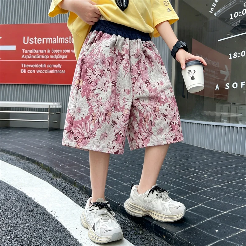 Hot Deals Tweens Boys Fashion Pink Shorts with Floral Print Teenage Children Loose Style Koreann Casual Shorts Kids Capri Pants