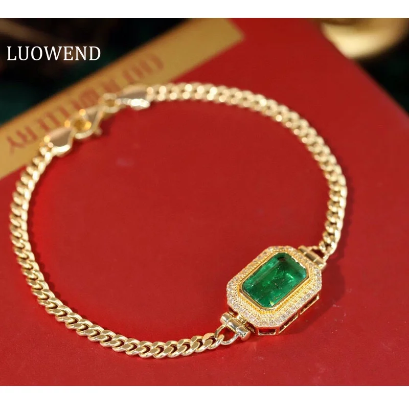 

LUOWEND 100% 18K Yellow Gold Bracelet Fashion Design Natural Emerald Real Diamond Engagement Bracelet for Women Wedding Jewelry