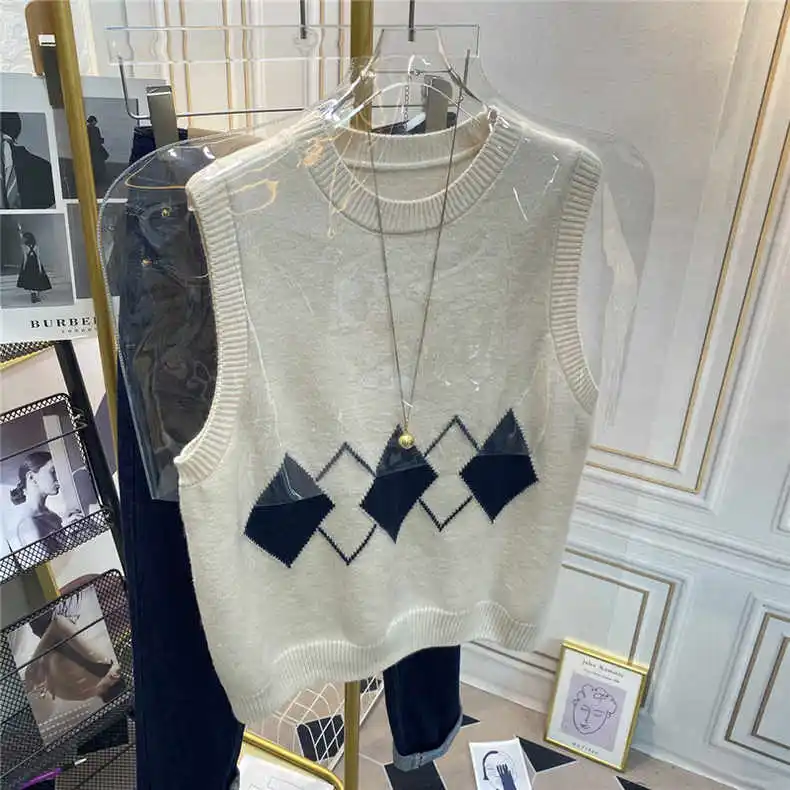 Suéter de punto Extra grande 300 Pou, chaleco holgado para mujer, prenda de punto holgada Retro, camiseta sin mangas con patrón de diamante redondo Ne