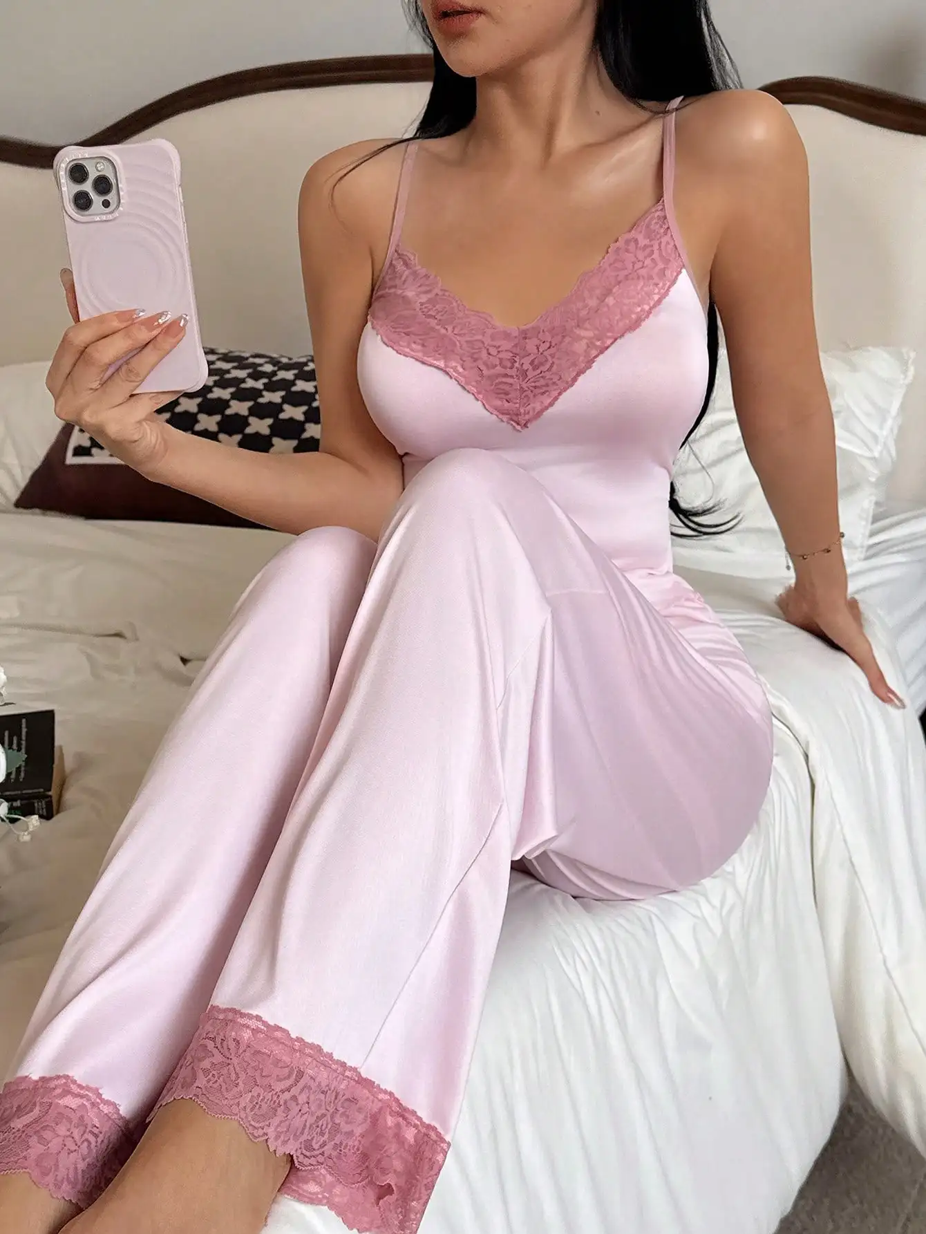 

Women's Pink Lace Trim Camisole and Pants Sleepwear Set, Silky Satin Pajama Lounge Set