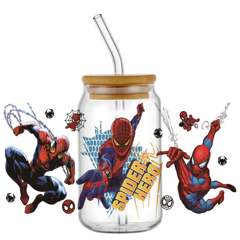 16oz Disney Cartoon character Spider UV DTF Cup Wrap Transfer Sticker  Durable Waterproof Logo For Libbey Glass Can