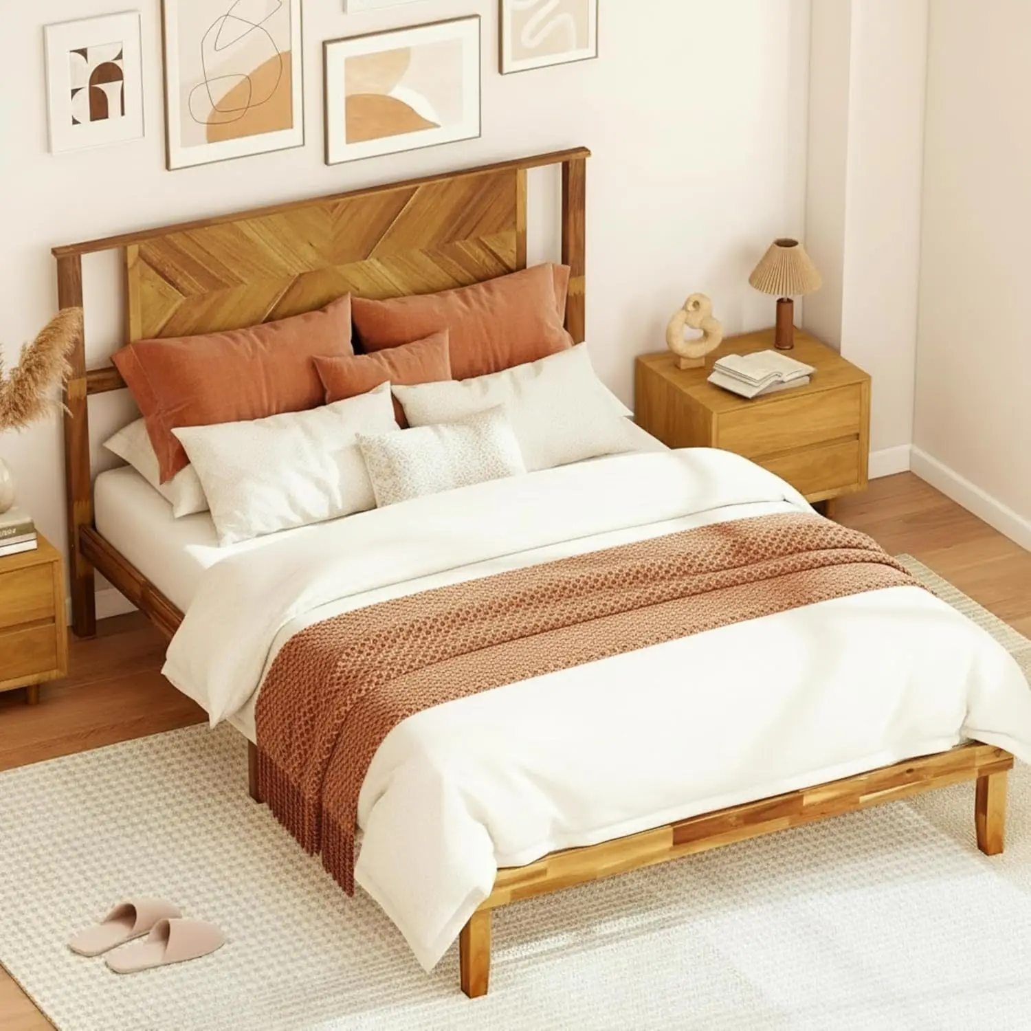 Full Size Wood Bed Frame with Headboard, Solid Acacia Wood Platform Bed Frame, Wooden Slats Supported Bed Base with, Customized