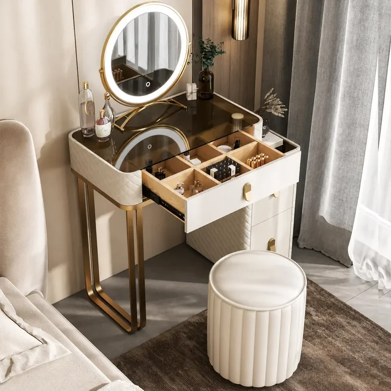 Modern Simple Tempered Glass Dresser Storage Cabinet Integrated Makeup Table for Small Apartment Bedroom Light Luxury Style