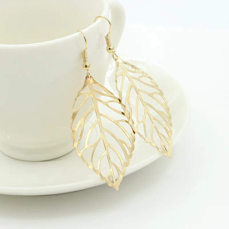 Alloy Hollow Leaf Big Drop Earrings for Women Ultrathin Can Bend Gold Silver Color Brincos Jewelry Trend Simple Accessories Gift