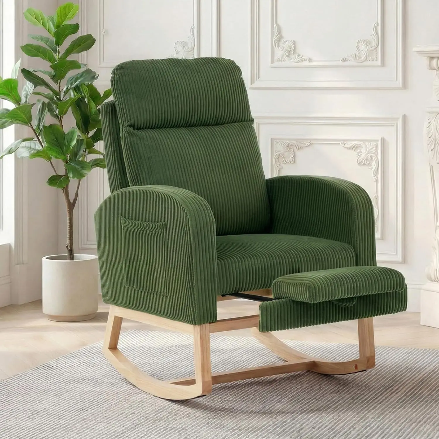 Nursery Rocking Chair, Corduroy Upholstered Glider Rocker with Adjustable Footrest & Side Pocket, Tufted Rocking Chair for Living Room & Bedroom