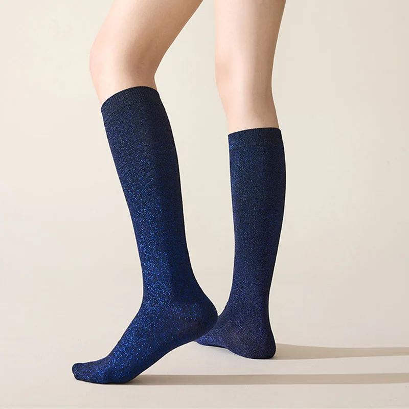 5 Pairs Women Girl Stockings Below Knee Leg Pile Calf Socks Long Gold Silver Thread Sparkling Casual High Student Crew Socks