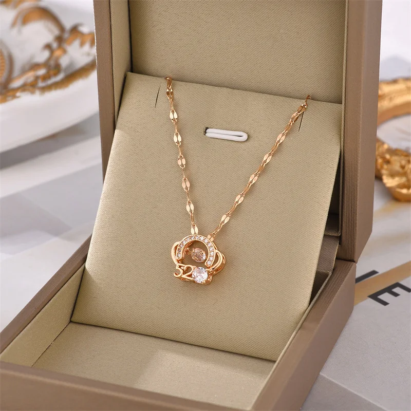 New Women's Crown Beating Heart 520 Pendant Necklace Stainless Steel Rose Gold Neck Chain Female Valentine's Day Gift Jewelry