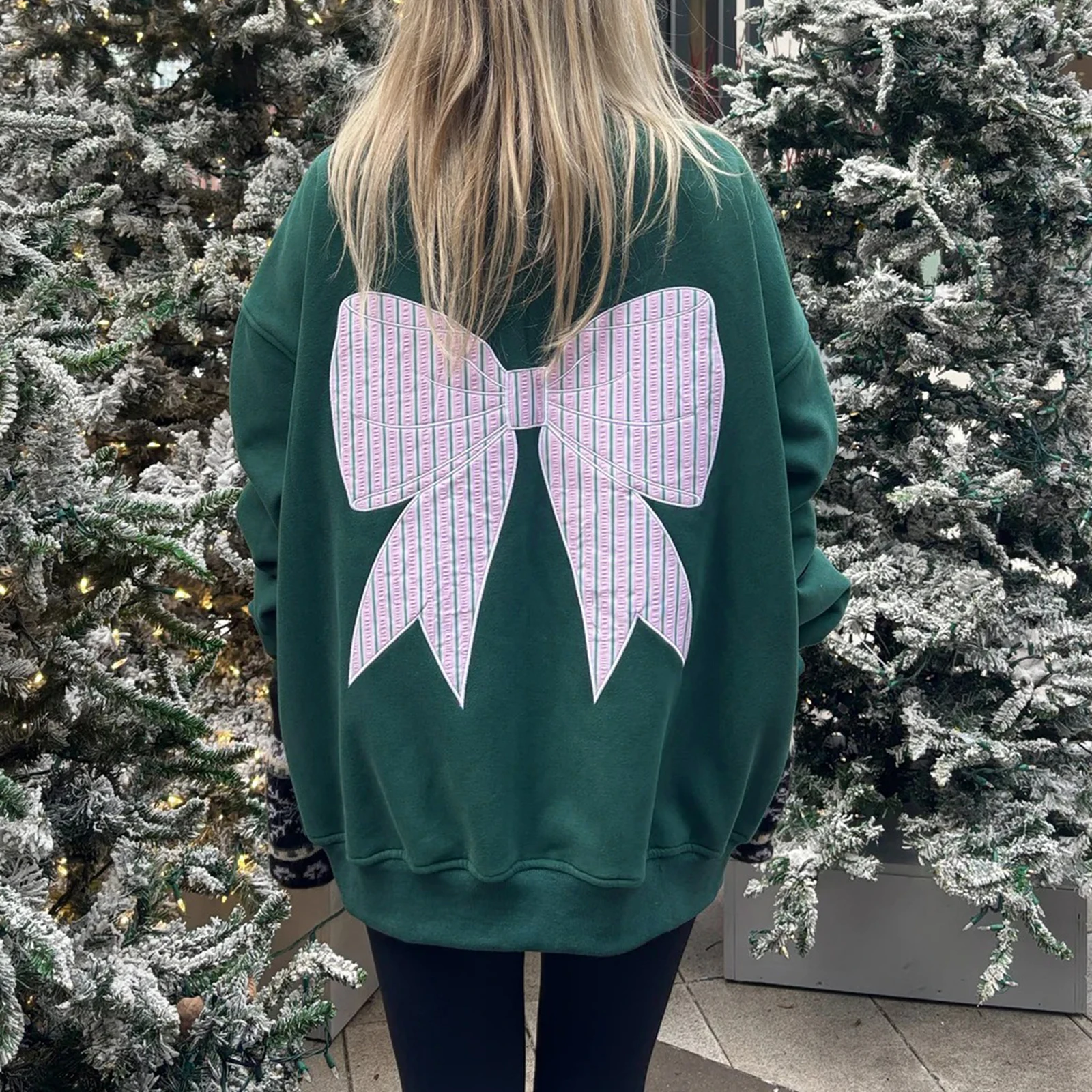 Street chic damessweatshirt met strikprint, herfst/winter, stijlvolle trui met strik, geborduurde ronde hals en lange mouwen, losse pasvorm