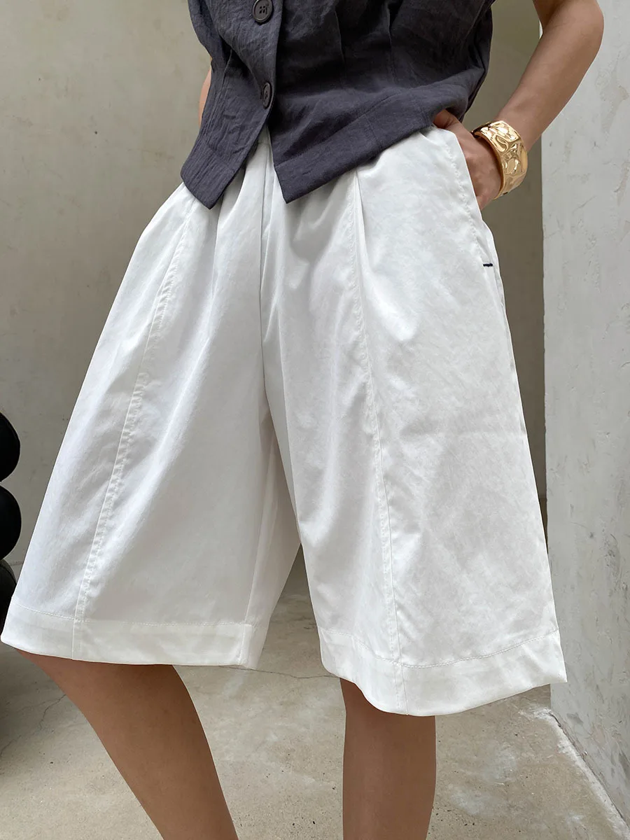 Summer solid color high waist elastic waist wide leg casual five quarter shorts