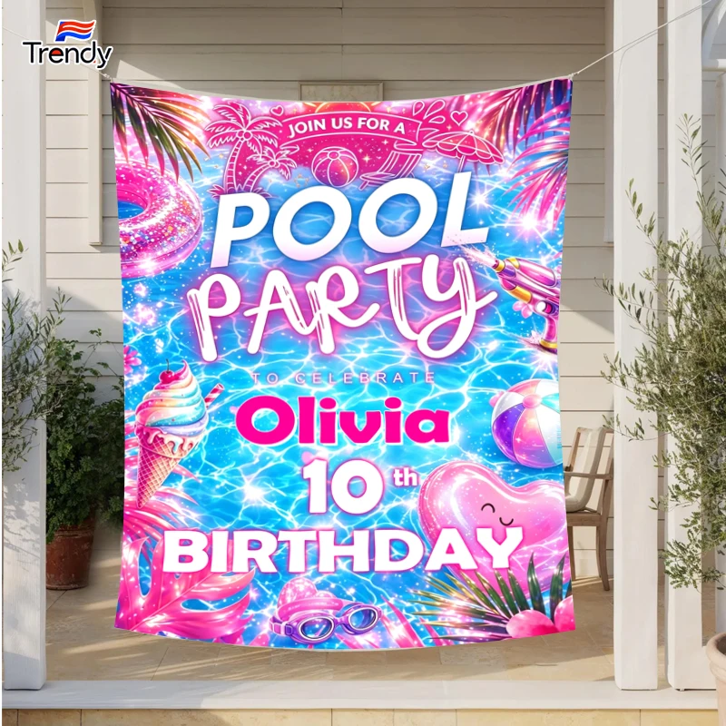 Girl Pool Party Birthday Birthday Party Decoration Backdrop Custom Name Happy Birthday Personalized Kids Themed Photography 10th