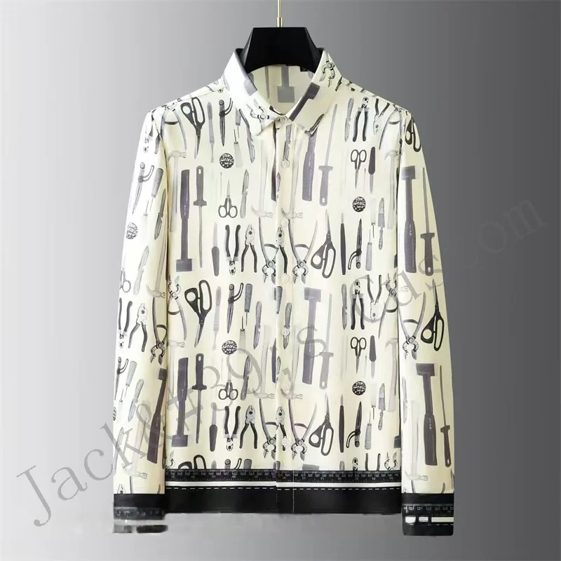 Men's Long Sleeve Shirt Luxury Feather Wings PrintCasual Black and White Men's Formal Shirt Simple PartyShirt XS-6XL