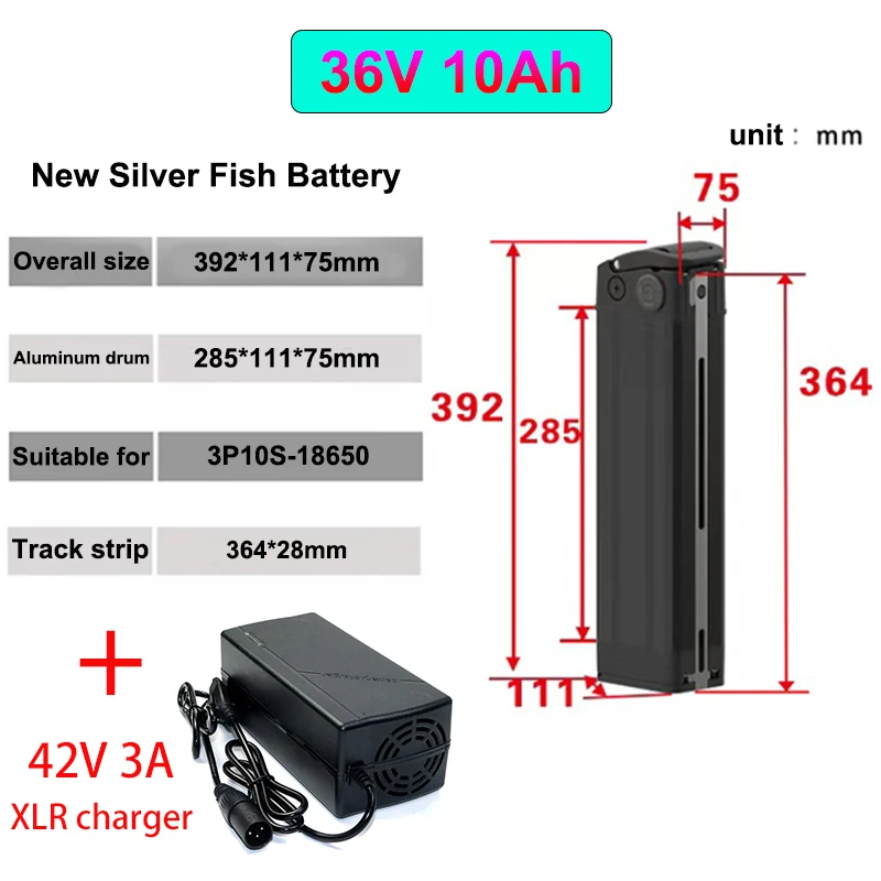 Zilveren Vis Nieuwe 36 V 10Ah 18650 10S3P verwijderbare Lithium batterij ingebouwde BMS Voor 250 W-1000 W Opvouwbare E-twee wieler + 3ACharger