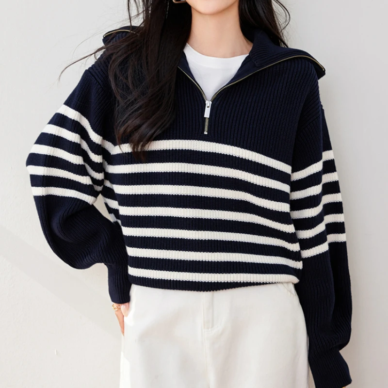 Knitted Half-Zip Jumper Wool Blended Stripe Sweater Casual Office Lady Knitwear Knit Smock Autumn/Winter New in Woman Clothing