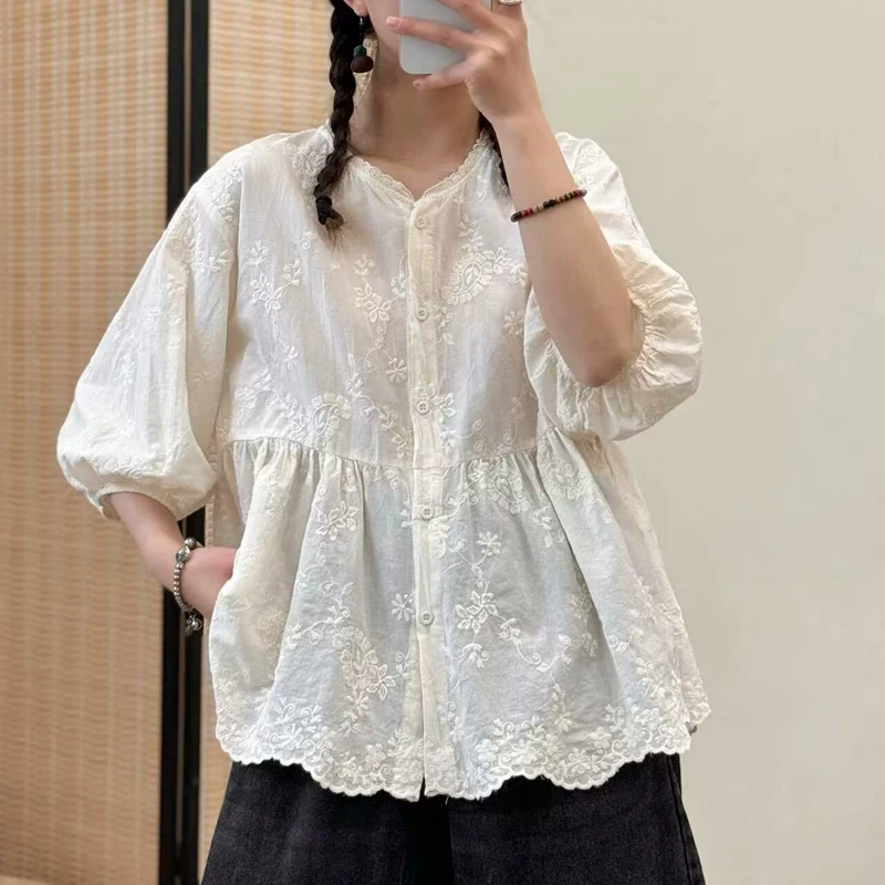 

New Women's Summer irt Embroidered Lace Trim Loose Fit Doll Collar Slimming ort Sle Pure Cotton Korean Version Office Wear