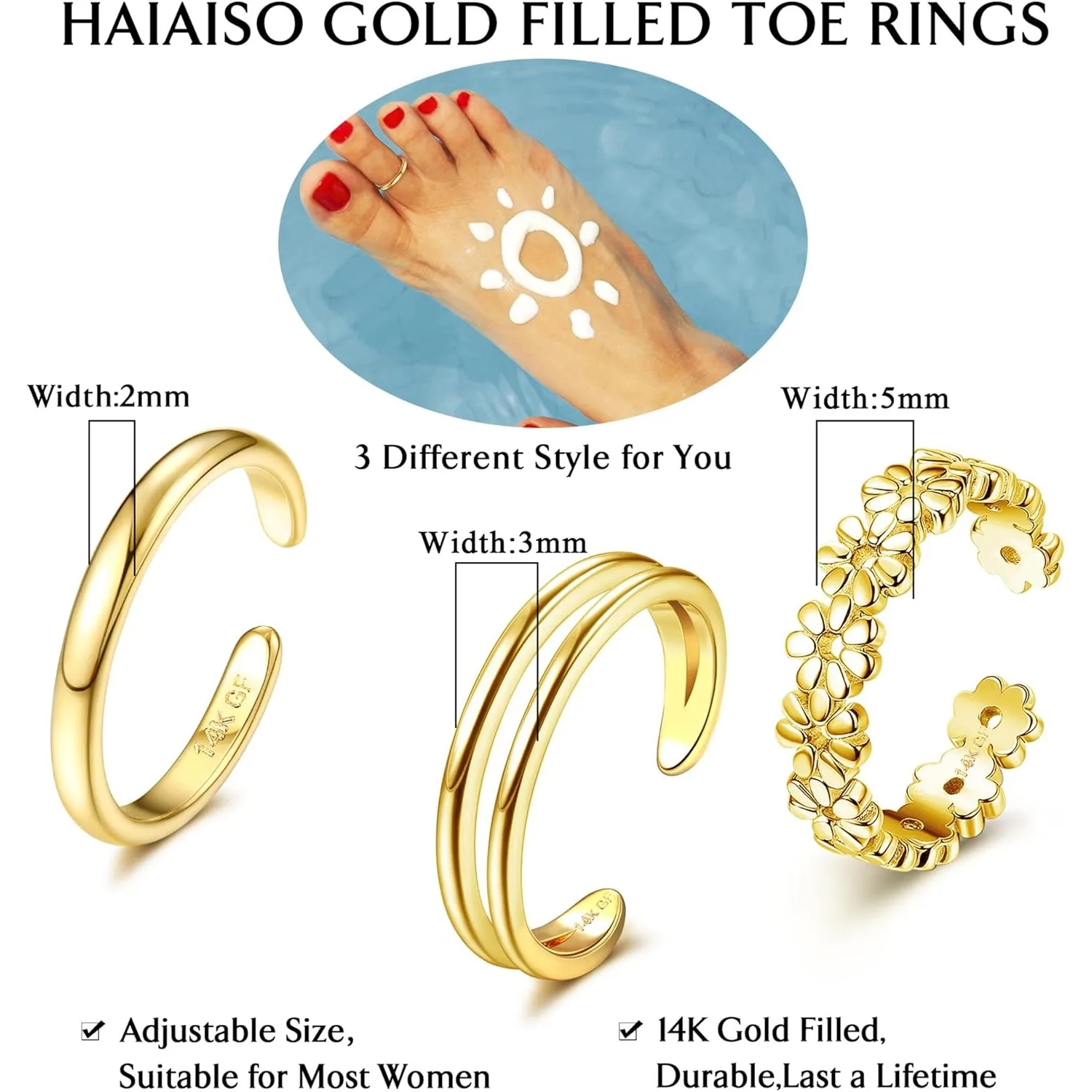 Florideco 14K Gold Plated Toe Rings Adjustable Open Toe Rings Cubic Zirconia Band Toe Ring Set Summer Beach Foot Jewelry Set view 4