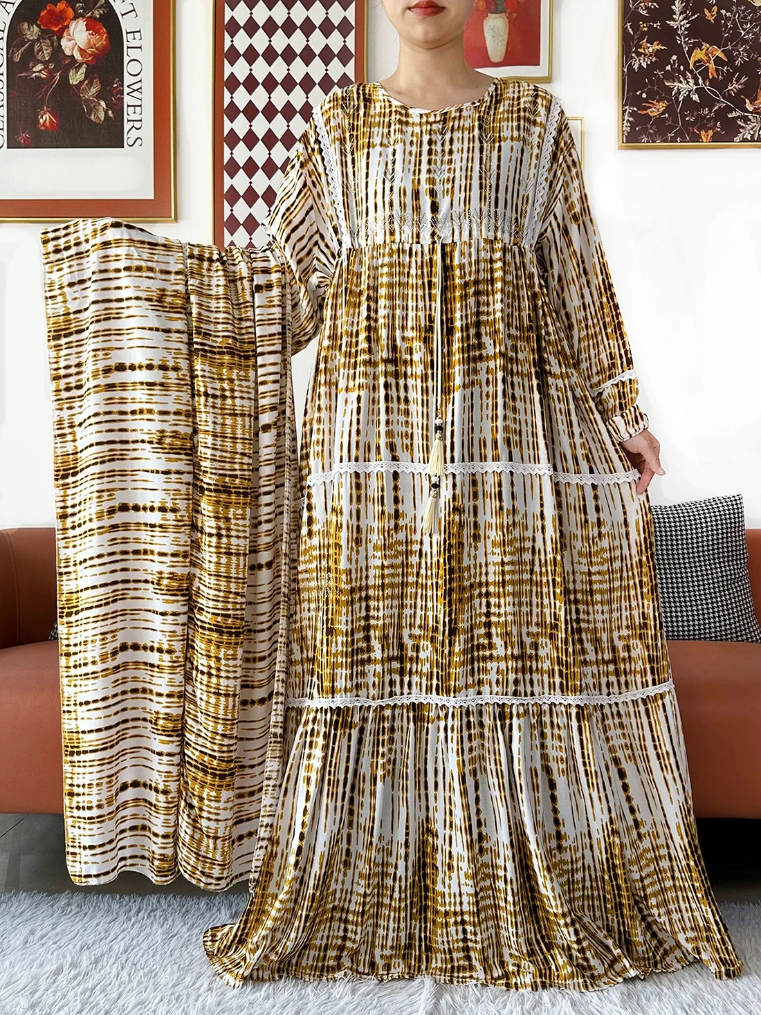 

2026 New Women Kashkha Dubai Dress Tie-dry Cotton Dubai Abaya Dress Long Sleeve Loose Boho Maxi Casual Fashion African Clothing