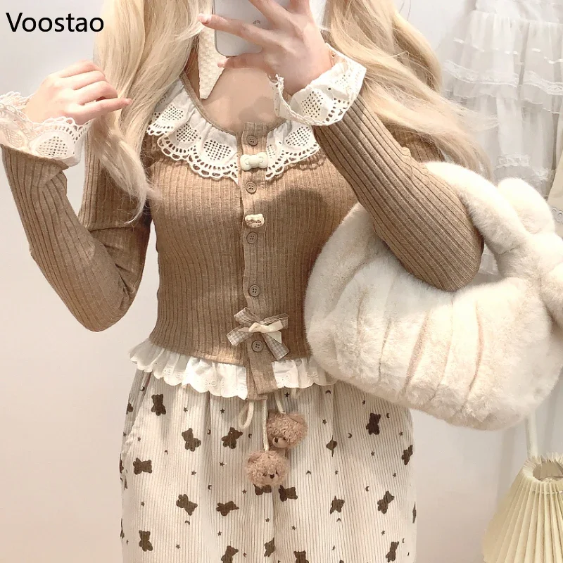 Japanese Sweet Lolita Style Knitted Shirt Women Kawaii Bow Cartoon Cat Buttons Lace Ruffles Slim Blouse Female Korean Crop Tops