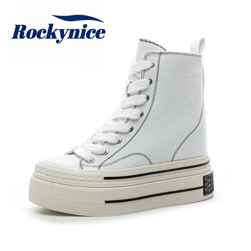12CM Wedge Heels Canvas Shoes  Autumn High Top Lace-Up Casual White Shoes Retro Chunky Sneakers Winter Warm Fur Vulcanized Shoes