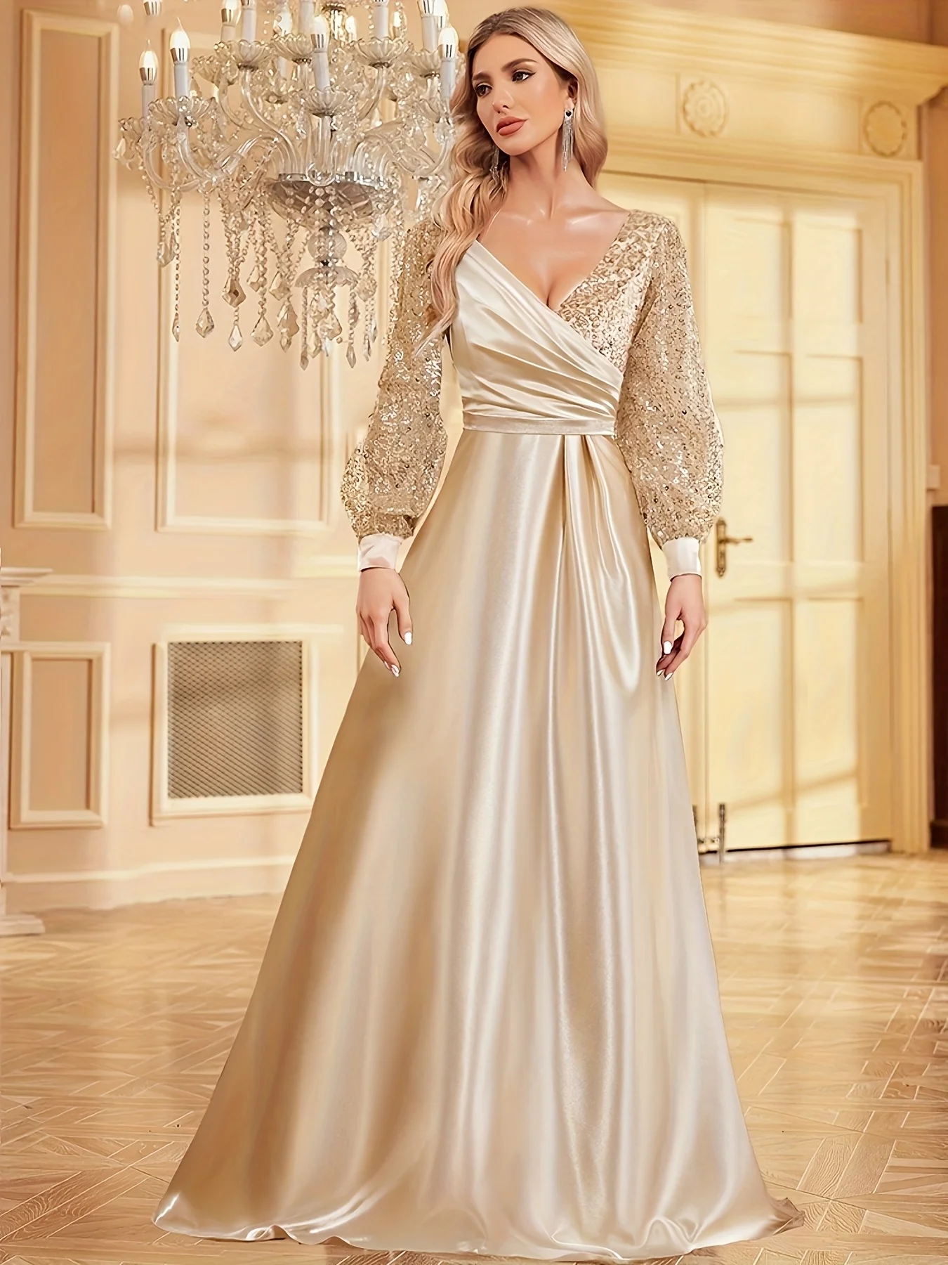 

Elegant V - Neck Evening Dress 2025, Women's Champagne Satin Gown with Sequin Lantern Sleeves for Luxury Party Customized
