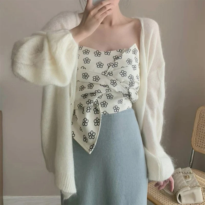 

Korean Elegant Knitted Long Sleeve Cardigan Woman Soft Comfortable Lightweight Open Outerwear Vintage Streetwear Knitting Tops