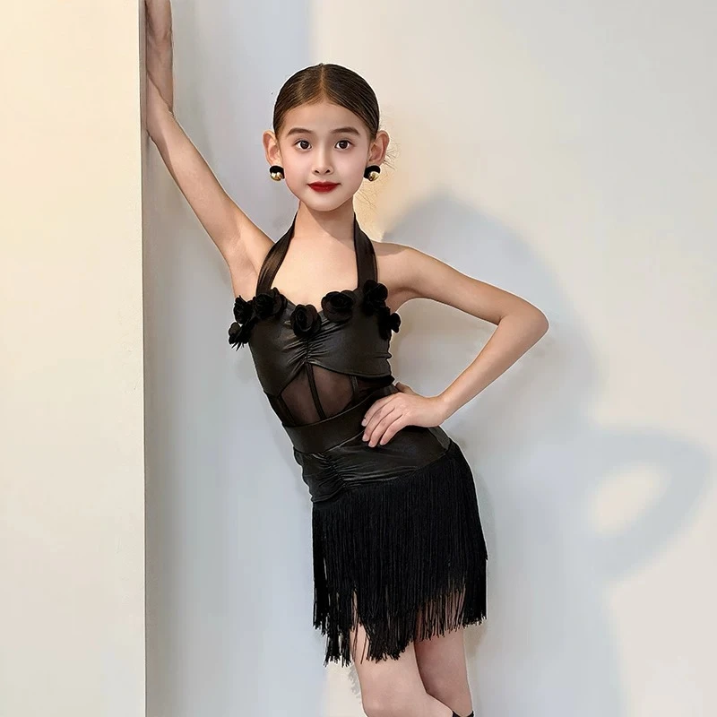 Kids Girls Dancing Practice Dancewear Camisole Fringe Latin Dance Practice Outfit Set Bodysuit Skirts Rumba Performance Costume