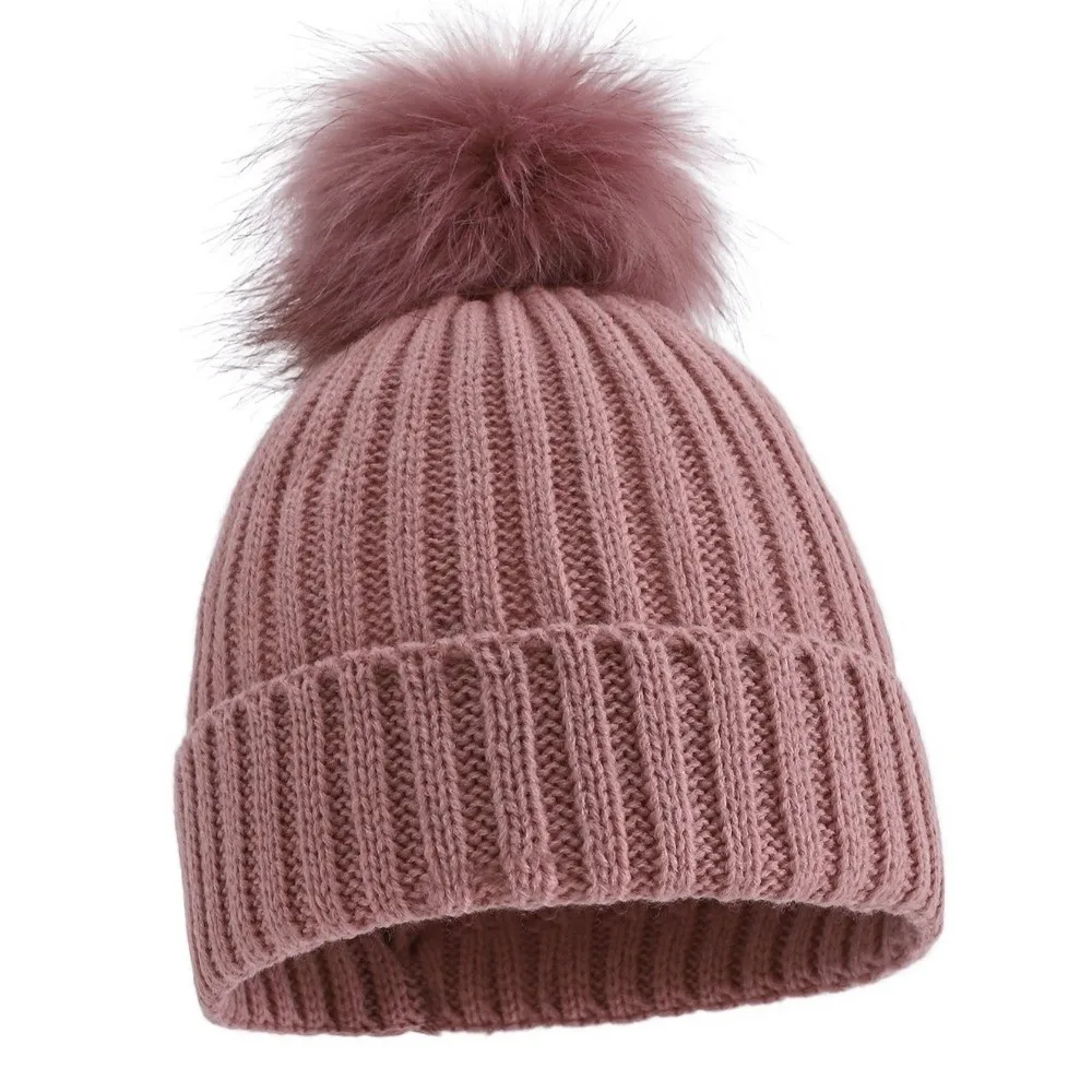 Solid Color Ribbed Knit Beanie Single Pom Pom Faux Fur Winter Beanie Hat Windproof Ribbed Knit Thick Beanie Hat Winter Season