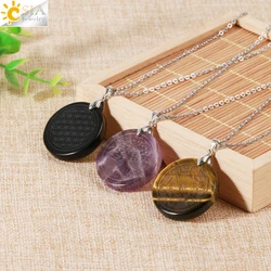 CSJA Natural Stone Round Pendant Necklace Carved 7 Chakra Tree of Life Flower of Life Crystal Trendy Necklaces Jewelry H256