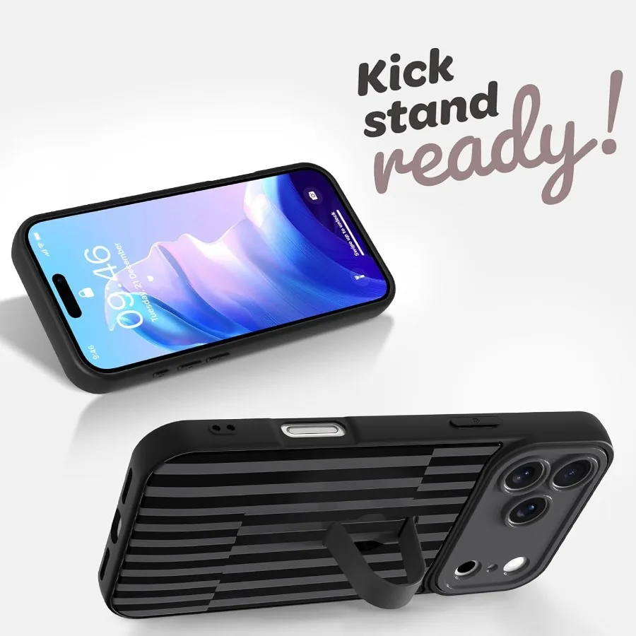 트렌디한 스트라이프 디자인의 아이폰 17 프로 호환 폰 케이스, 손가락 스트랩과 킥스탠드가 있어 휴대성 향상