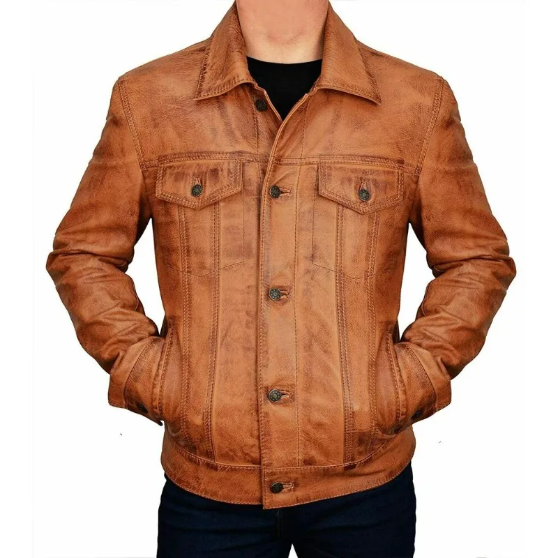 Men\'s Brown Trucker Vintage Jacket Classic Style Real Lambskin Leather Jacket Fashion Trends