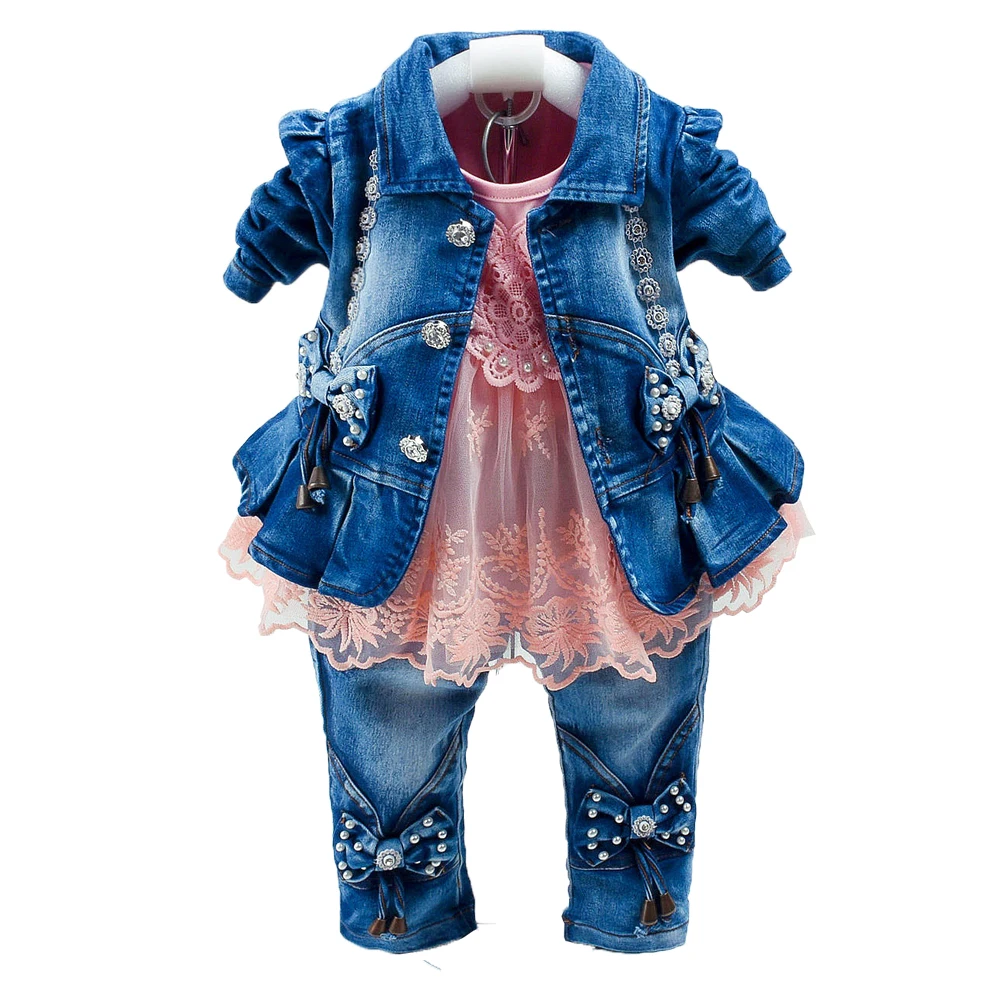 

Baby Girls Sets Denim 3 Pcs Clothes Long Sleeve T-Shirt Denim Jacket and Jeans Spring Autumn Clothing