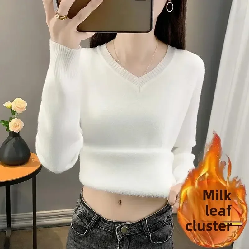 سميكة الصوف المرأة محبوك سترة الخامس الرقبة قاعدة طبقة قطعة واحدة المخملية أكمام الدافئة حجم كبير سليم صالح الخريف الشتاء