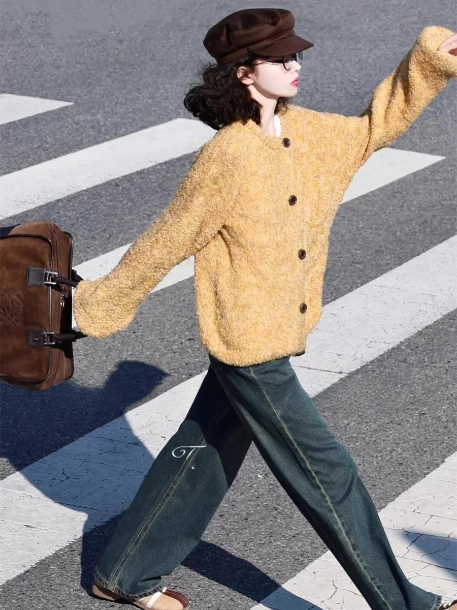 Cárdigan Abierto de Punto Amarillo con Hojas Rouje Damas, Suéter Hoado, Cómodo y Cálido para Otoño e Invierno, Ropa Casual ...