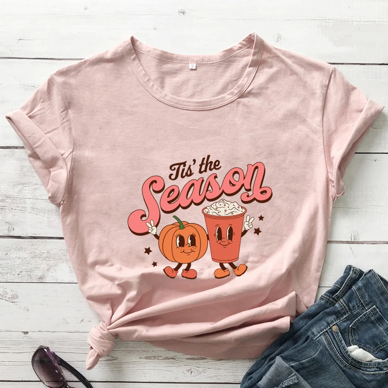 

colored tis' the season Pumpkin Latte tshirt retro women short sleeve graphic fall tee shirt