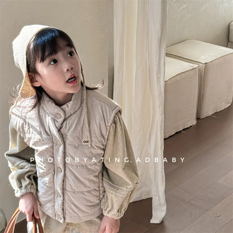 

2025 Winter New Children Sleeveless Warm Vest Baby Letter Embroidery Padded Jacket Girls Fleece Vest Kids Windbreak Coat